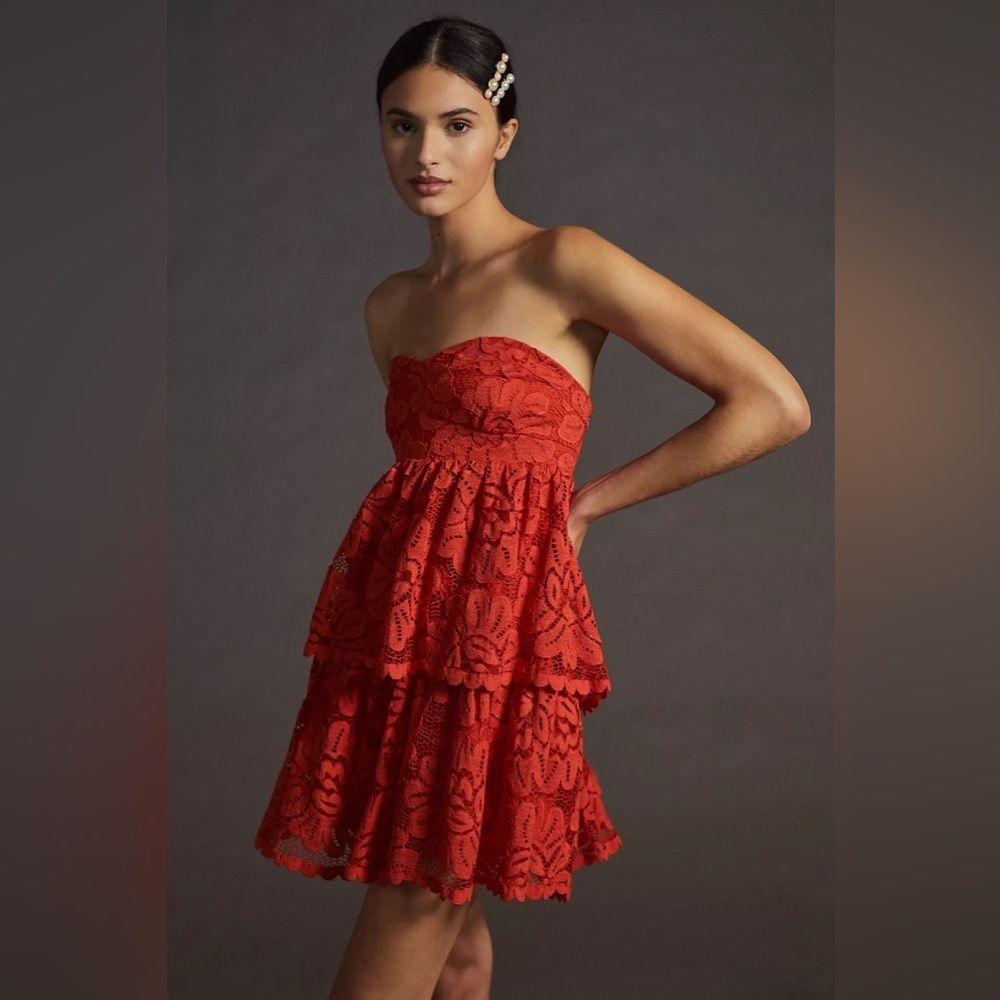 Strapless Red Lace Tiered Mini Dress